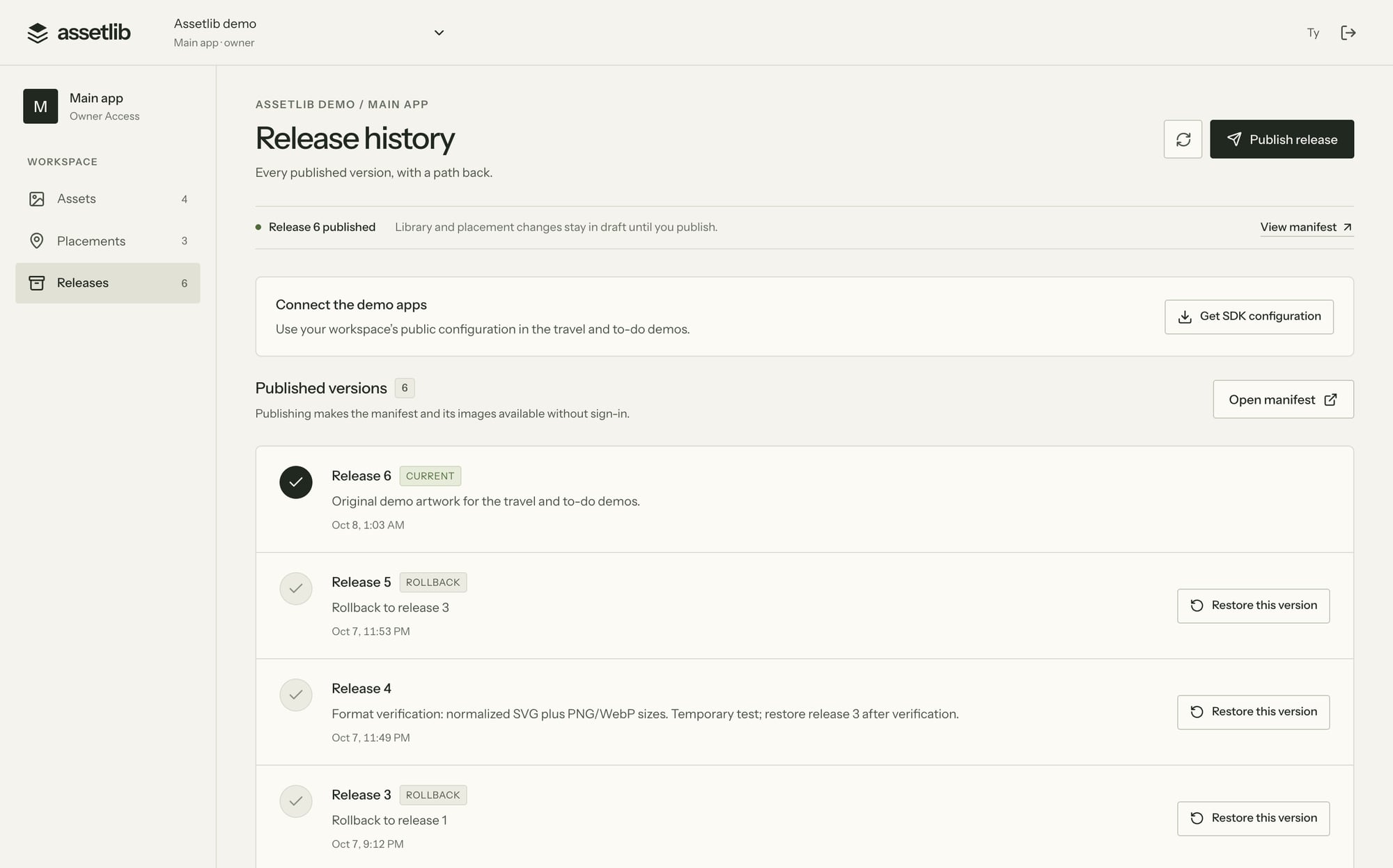 The release history page in the Assetlib console, showing three releases with restore buttons